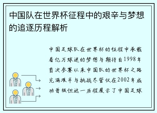 中国队在世界杯征程中的艰辛与梦想的追逐历程解析